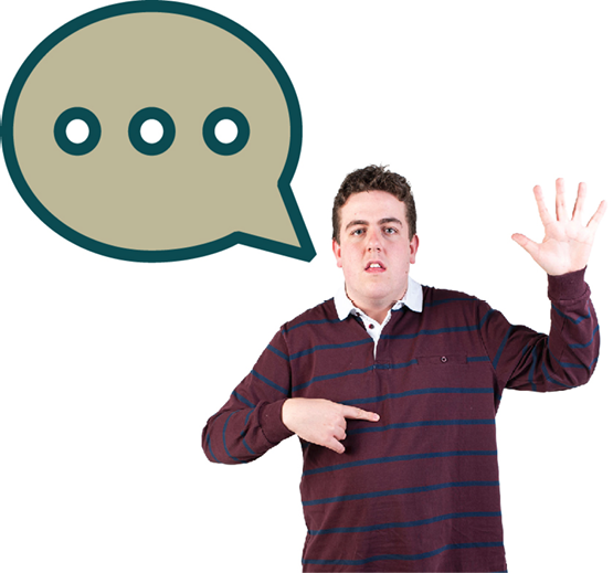 A person pointing to themself with their other hand raised. They have a speech bubble.