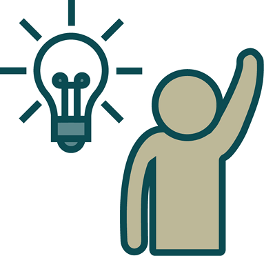 A person with their hand raised and a glowing lightbulb icon.