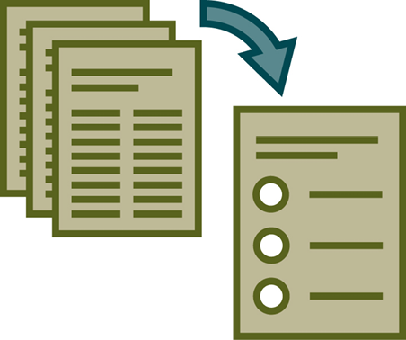 An arrow pointing from a long document to a short Easy Read summary document.