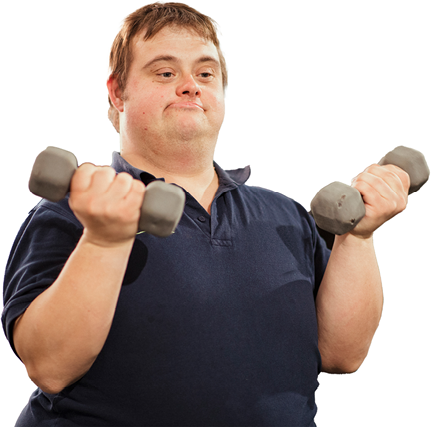 A person with disability exercising by lifting weights.