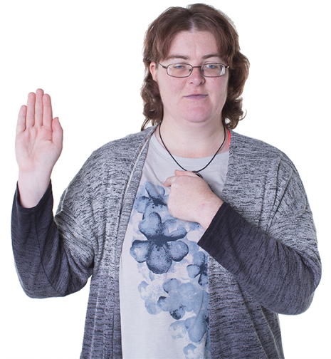 A person pointing to themself with their other hand raised.