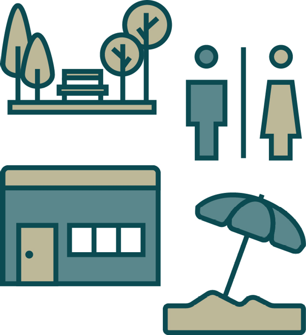 A park, toilet icons, a library building, and a beach.