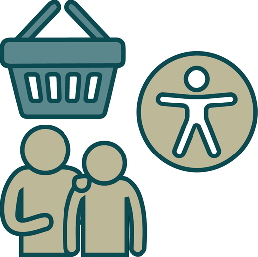 A shopping basket, an accessibility icon, and a person supporting someone else.