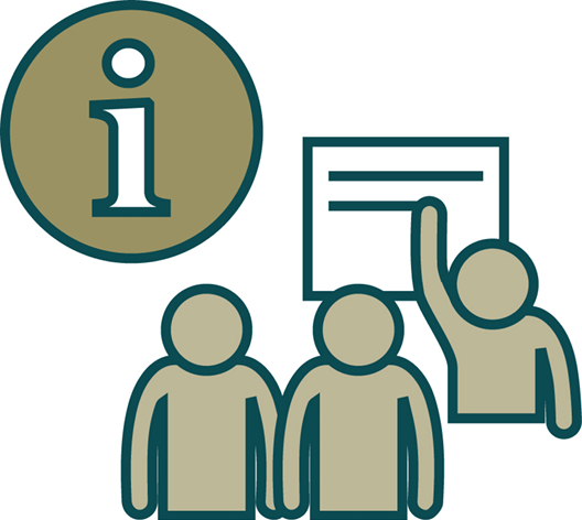 An information icon, and a person holding a training session for staff.