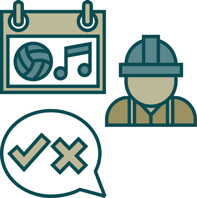 A calendar with a ball and music note on it, a worker with a hard hat, and a speech bubble with a tick and cross in it.