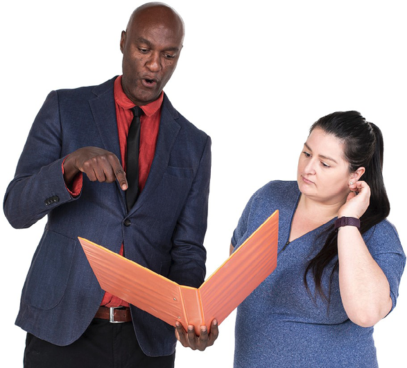 A person explaining information in a folder to someone else.